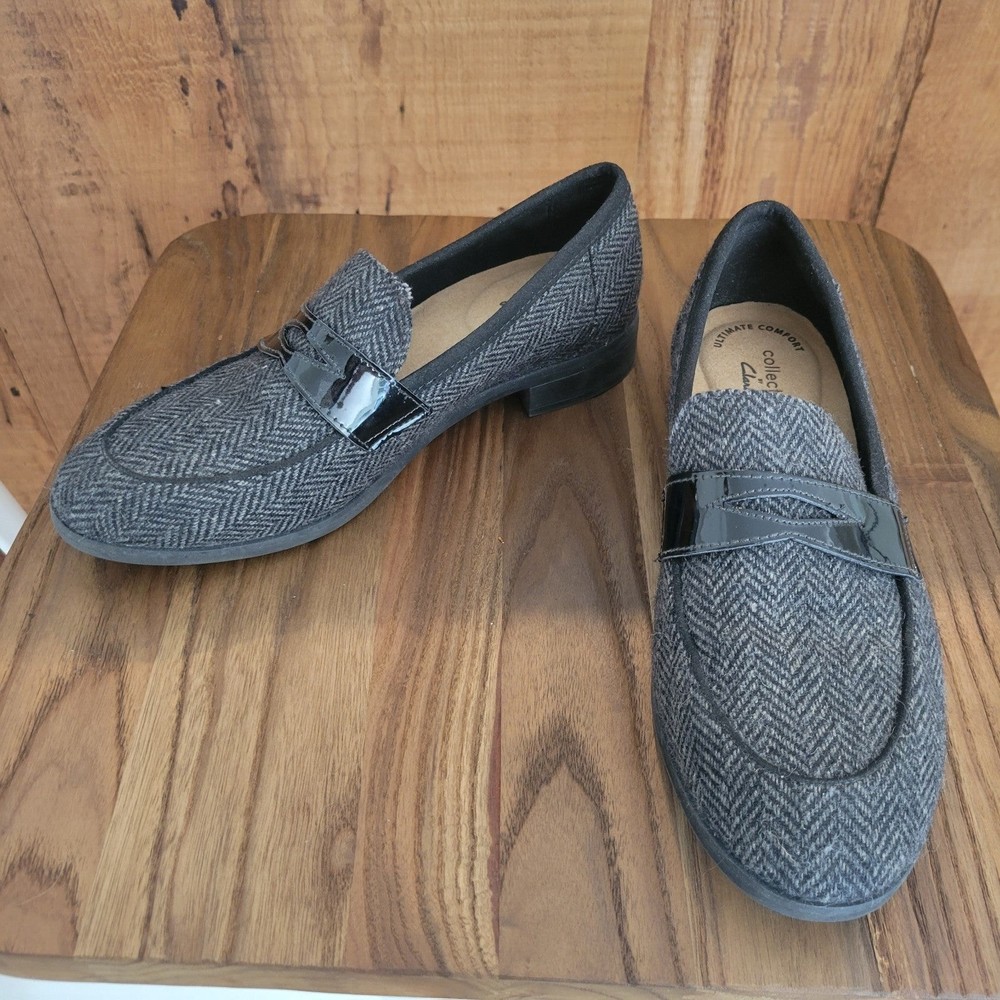 Clark's Womens Loafer Slip On Herringbone Black Grey 6.5 - 7